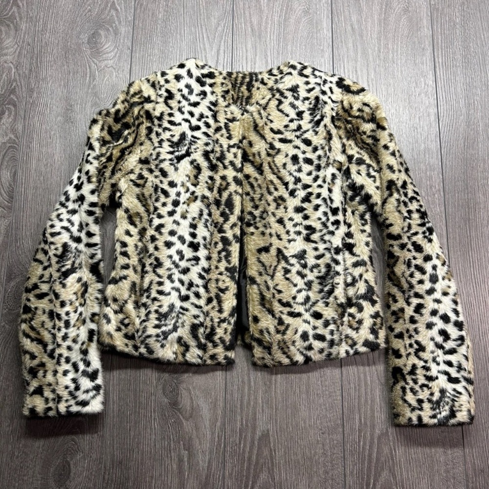 Leopard Print Faux Fur Express Jacket Y2K XS Cropped Open Front Coat Tan Black